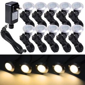 10pcs Warm White LED Deck Lights Set with Transformer & Wire (Color: Black)