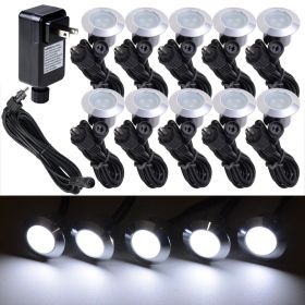 10pcs Cool White LED Deck Lights Set with Transformer & Wire (Color: White)